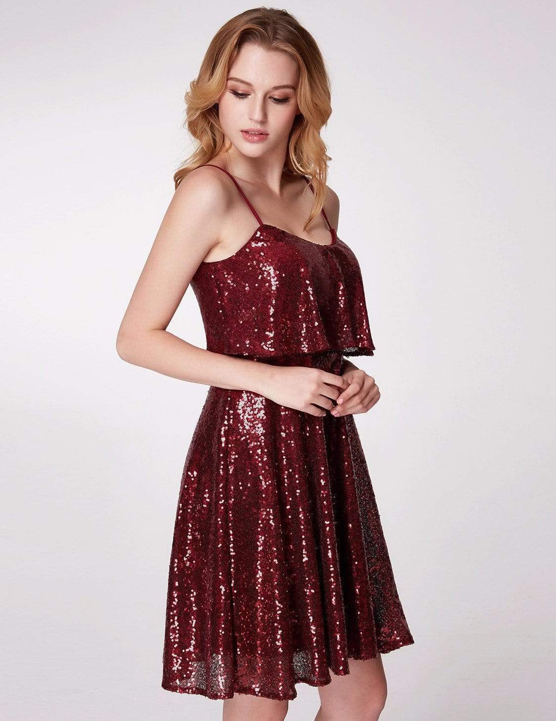 Color=Burgundy | Short Sequins Party Dress-Burgundy 7