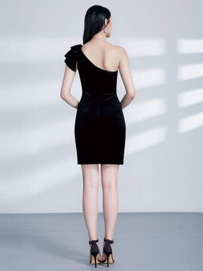 COLOR=Black | One Shoulder Short Velvet Party Dress-Black 8