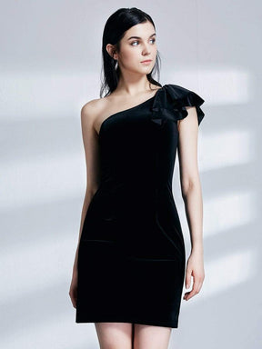 COLOR=Black | One Shoulder Short Velvet Party Dress-Black 10
