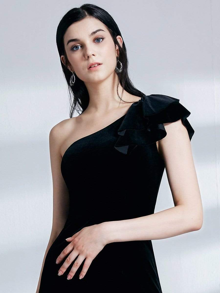 COLOR=Black | One Shoulder Short Velvet Party Dress-Black 11