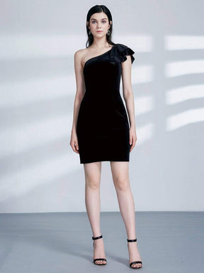 COLOR=Black | One Shoulder Short Velvet Party Dress-Black 7