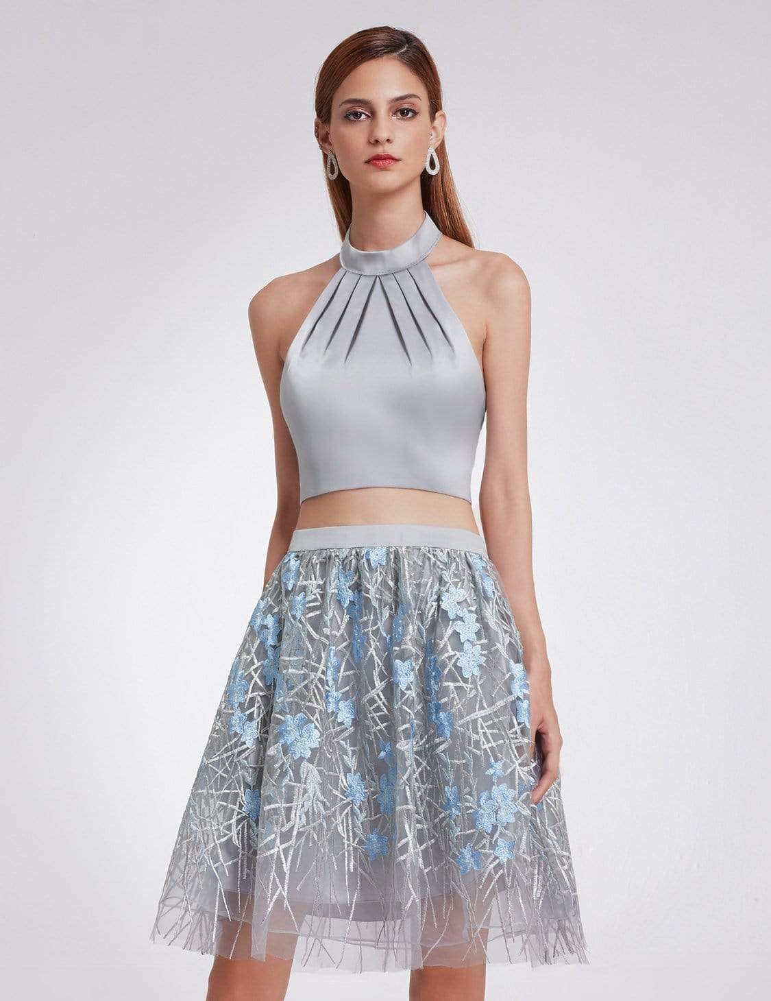 Color=Grey | Halter Neck Crop Top And Skirt Set-Grey 2