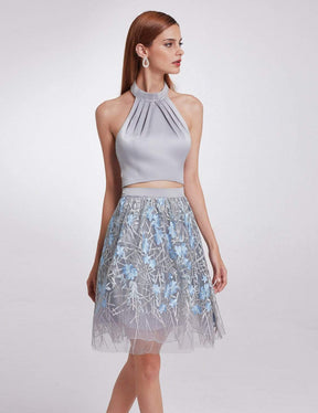 Color=Grey | Halter Neck Crop Top And Skirt Set-Grey 4