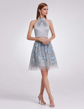 Color=Grey | Halter Neck Crop Top And Skirt Set-Grey 5