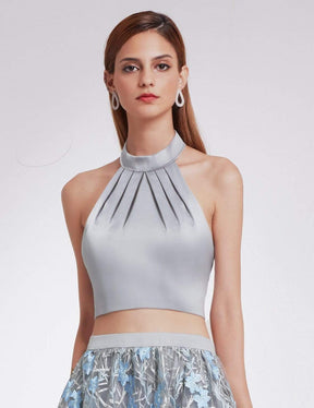 Color=Grey | Halter Neck Crop Top And Skirt Set-Grey 6