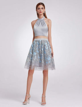 Color=Grey | Halter Neck Crop Top And Skirt Set-Grey 1
