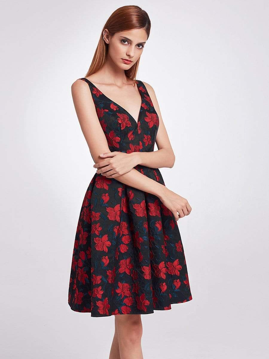 Color=Navy and Red | V Neck Fit And Flare Party Dress-Navy And Red 8