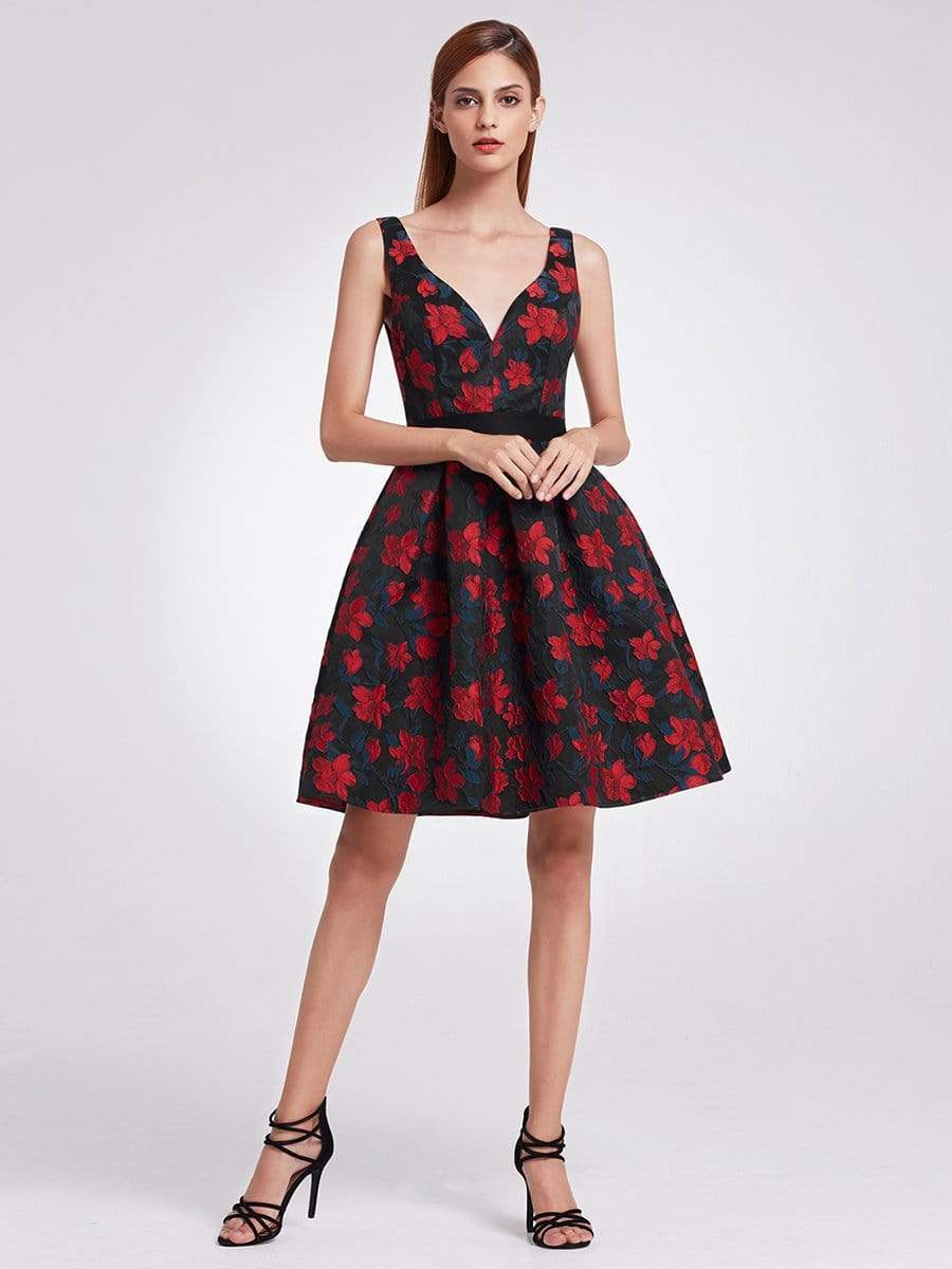 Color=Navy and Red | V Neck Fit And Flare Party Dress-Navy And Red 5