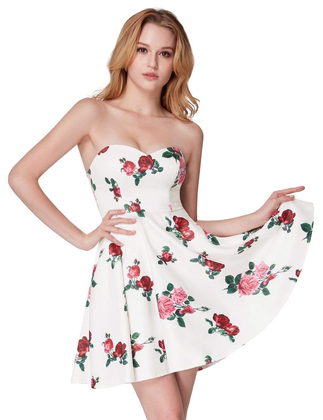 Color=White | Strapless Rose Print Party Dress-White 2