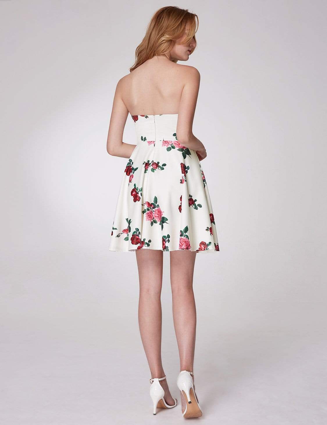 Color=White | Strapless Rose Print Party Dress-White 3