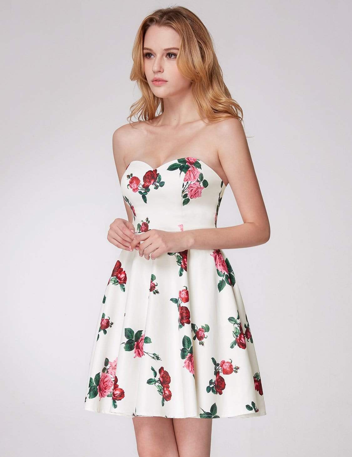 Color=White | Strapless Rose Print Party Dress-White 4