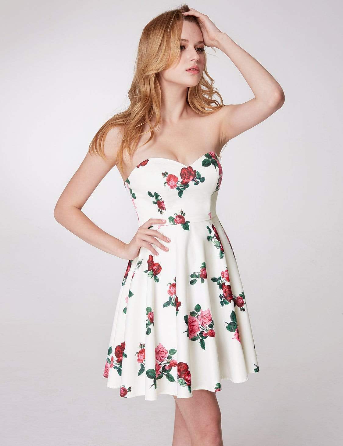 Color=White | Strapless Rose Print Party Dress-White 5