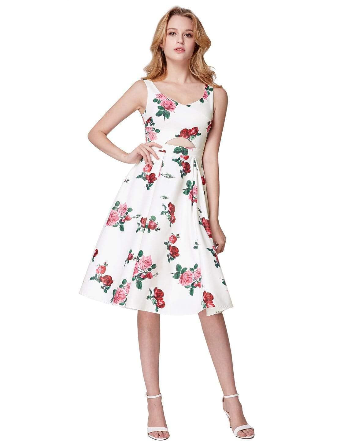Color=White | Knee Length Rose Print Party Dress-White 2