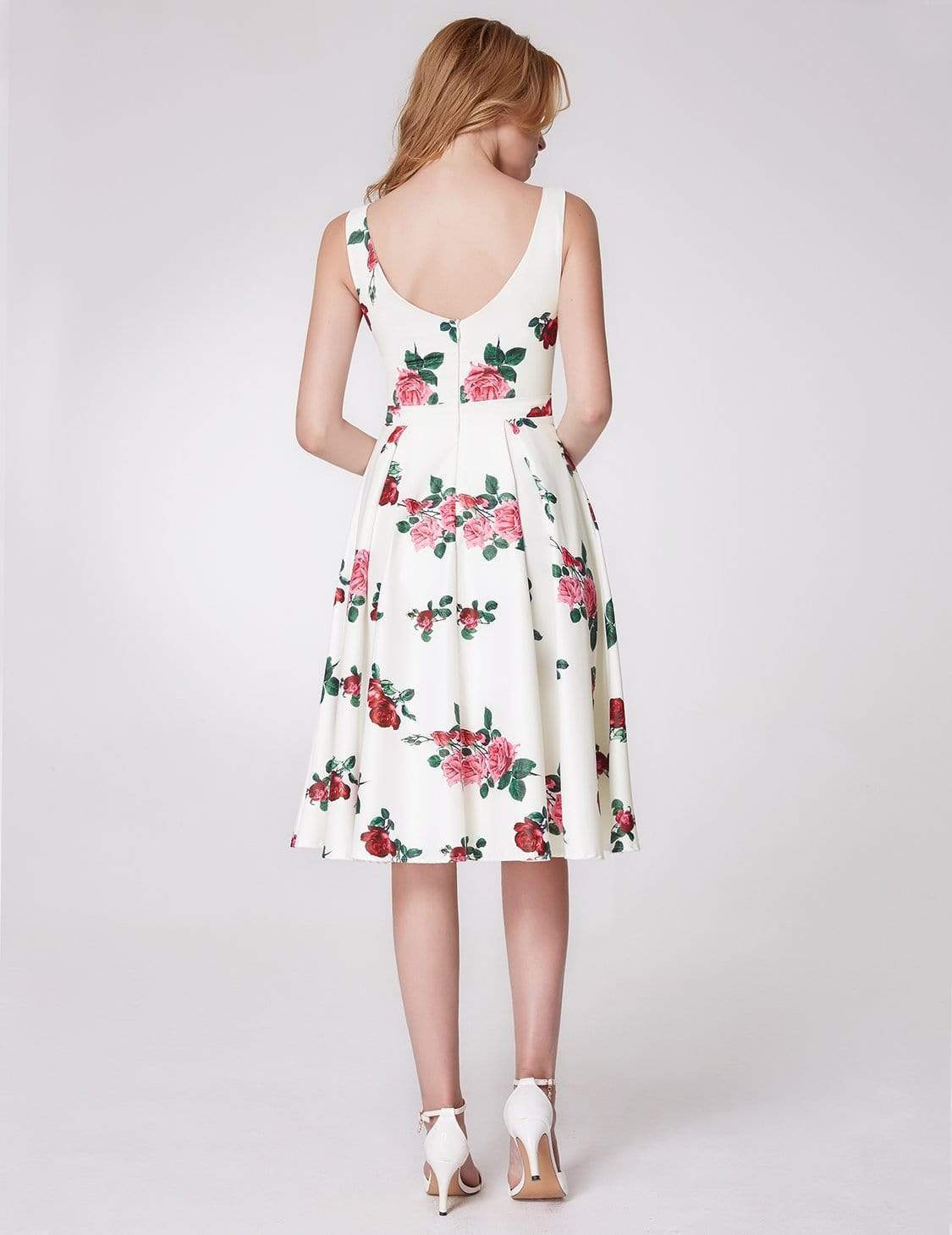 Color=White | Knee Length Rose Print Party Dress-White 3