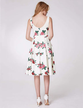 Color=White | Knee Length Rose Print Party Dress-White 3