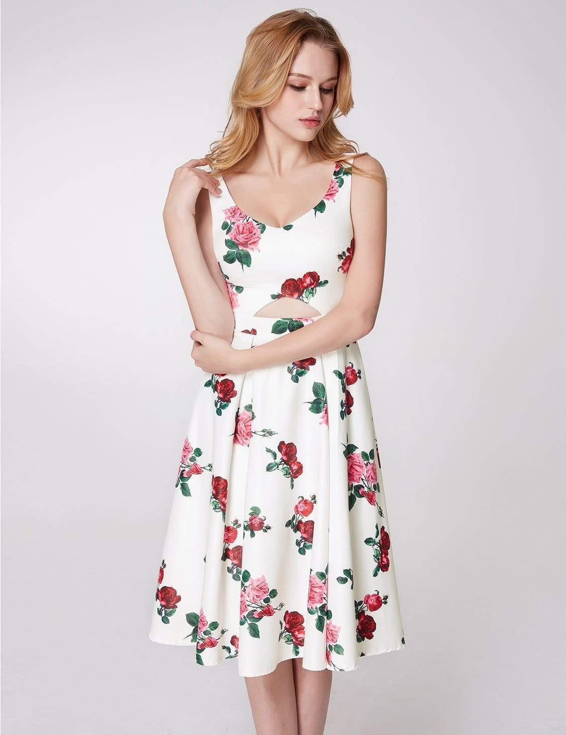 Color=White | Knee Length Rose Print Party Dress-White 4