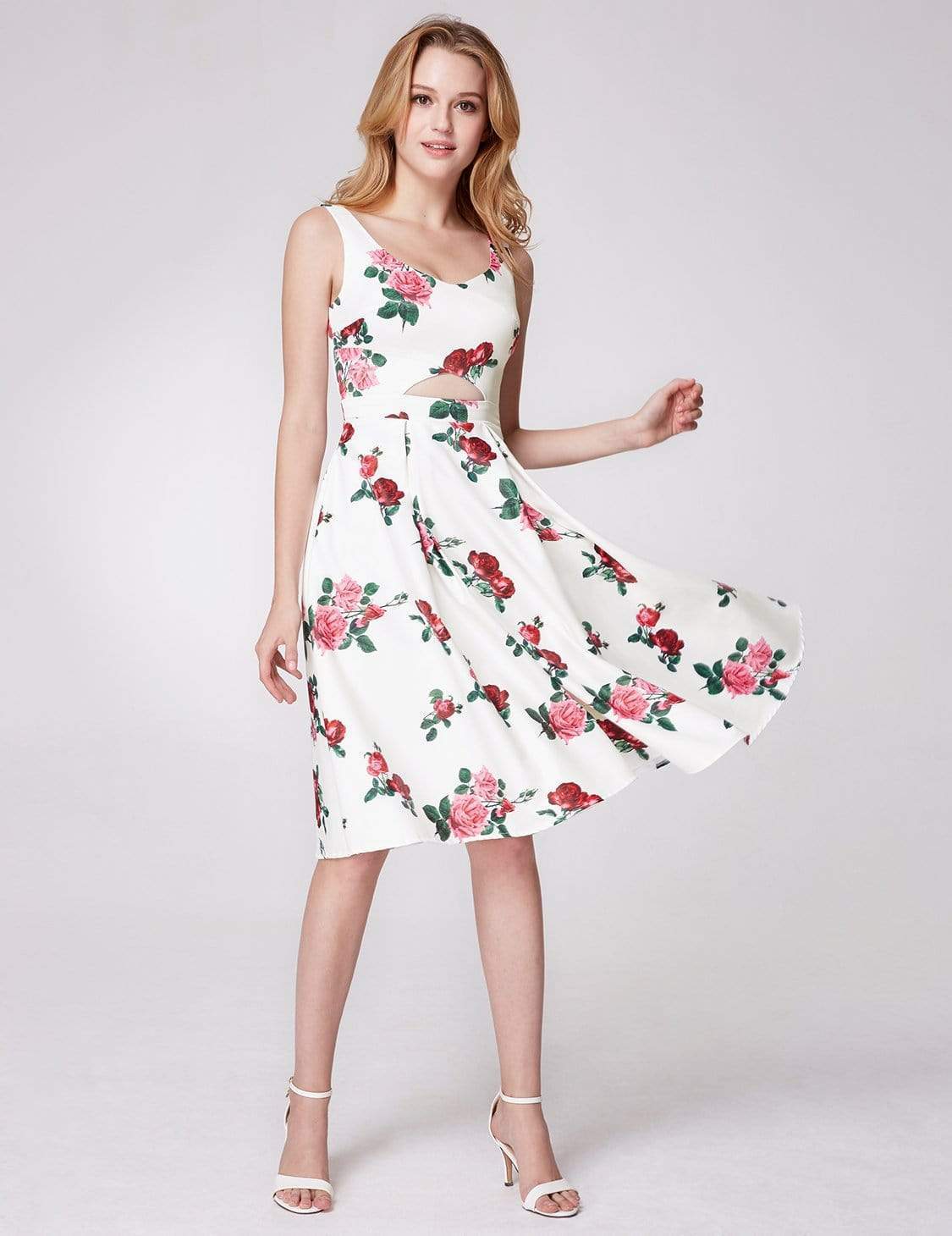 Color=White | Knee Length Rose Print Party Dress-White 5
