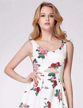 Color=White | Knee Length Rose Print Party Dress-White 6