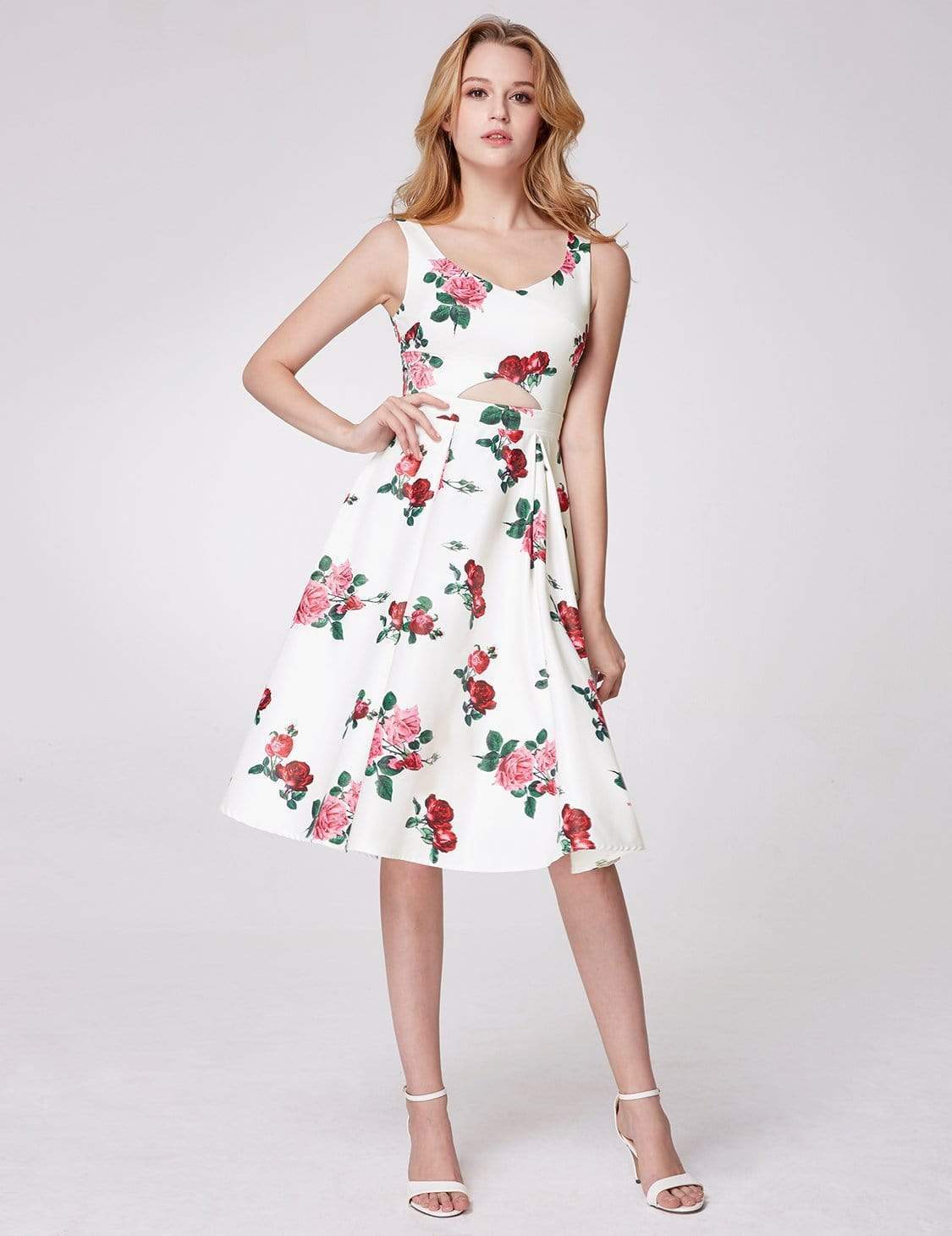 Color=White | Knee Length Rose Print Party Dress-White 1