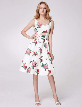 Color=White | Knee Length Rose Print Party Dress-White 1