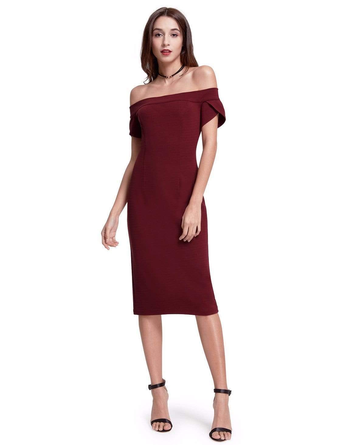 Color=Burgundy | Sexy Fitted Off Shoulder Cocktail Dress-Burgundy 2