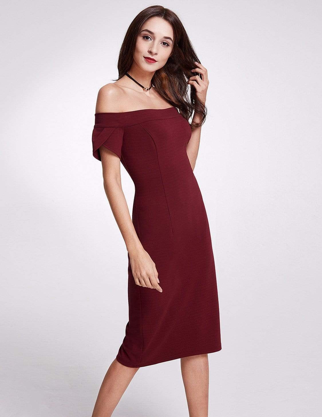 Color=Burgundy | Sexy Fitted Off Shoulder Cocktail Dress-Burgundy 4