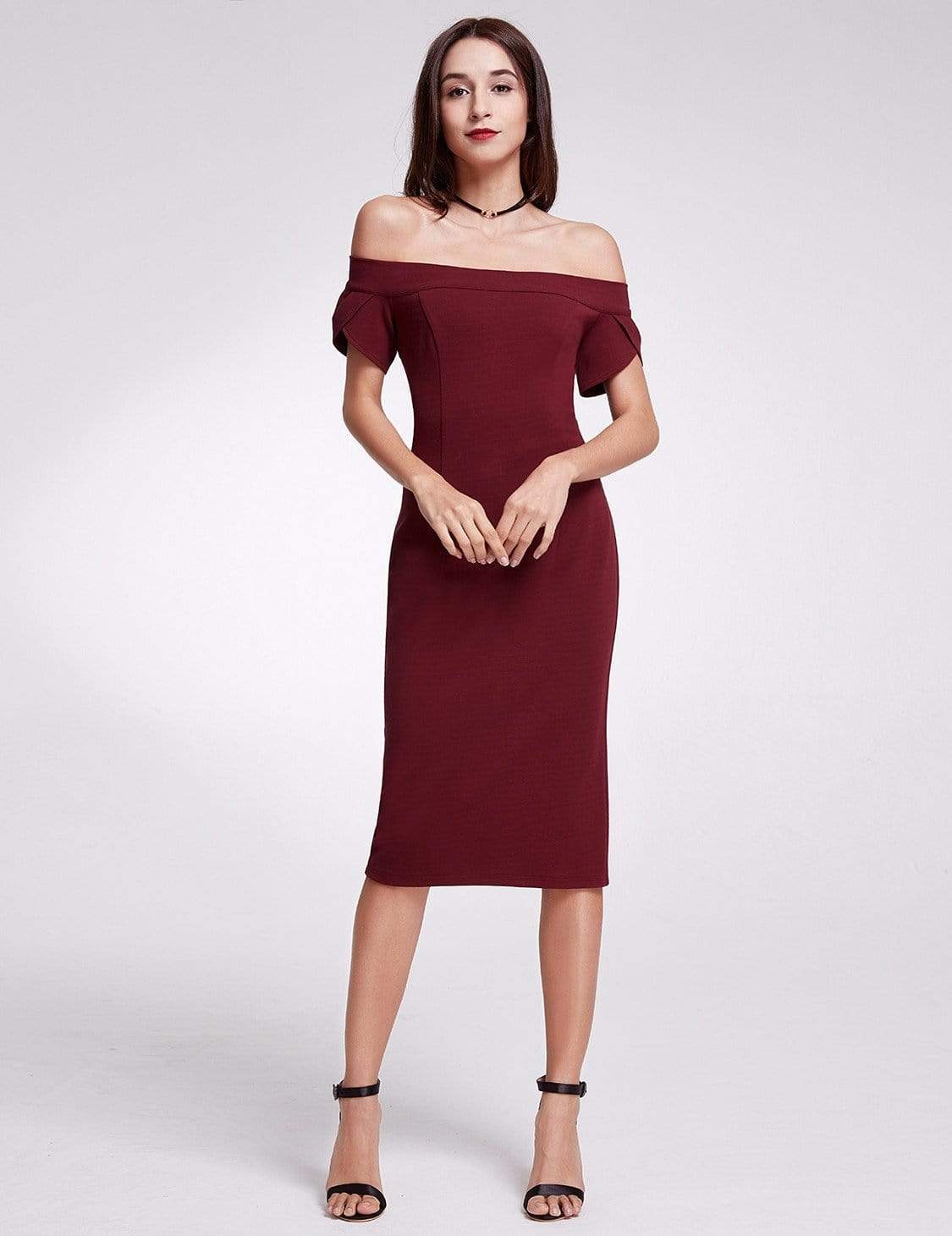 Color=Burgundy | Sexy Fitted Off Shoulder Cocktail Dress-Burgundy 5