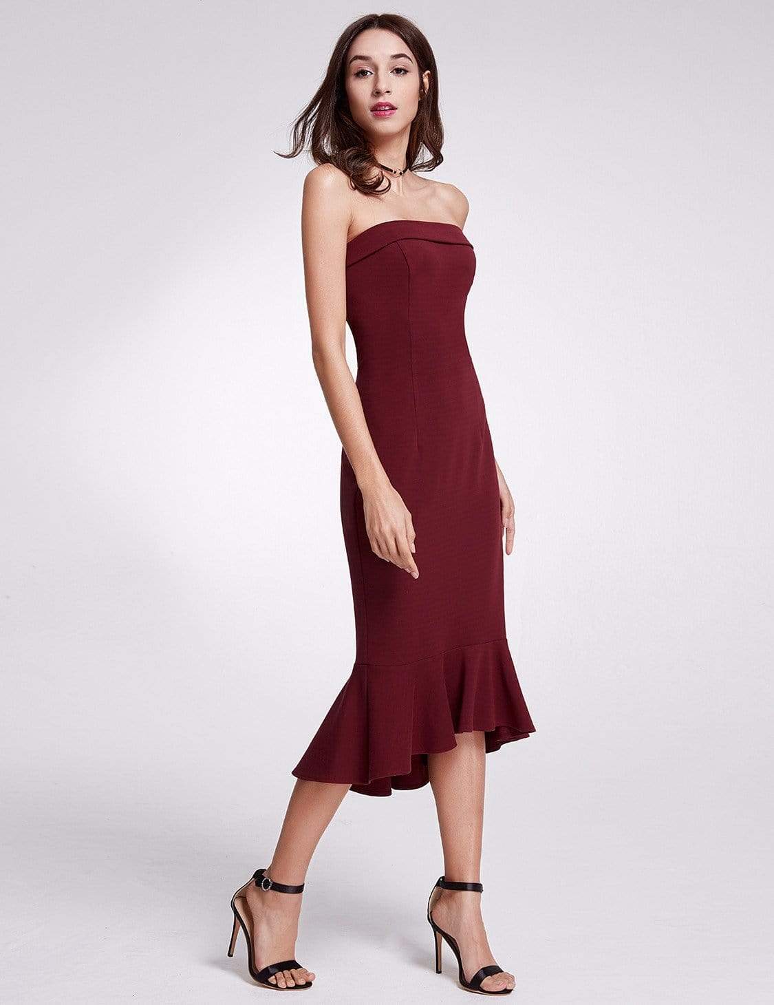 Color=Burgundy | Sexy Fitted Strapless Cocktail Dress-Burgundy 4