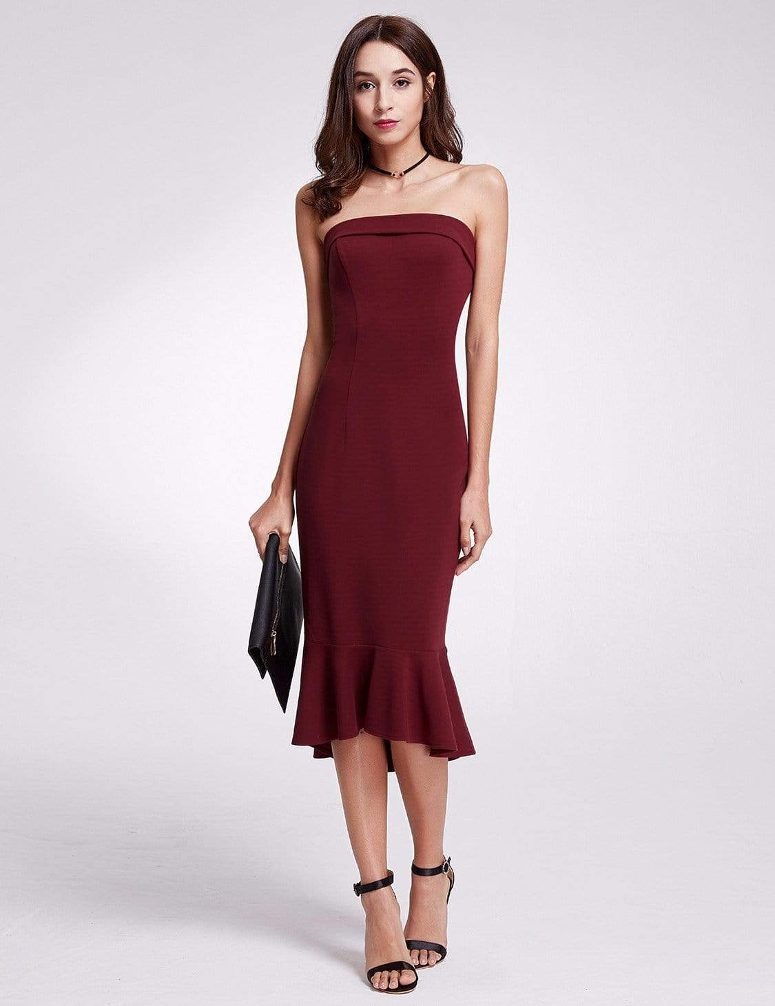 Color=Burgundy | Sexy Fitted Strapless Cocktail Dress-Burgundy 1