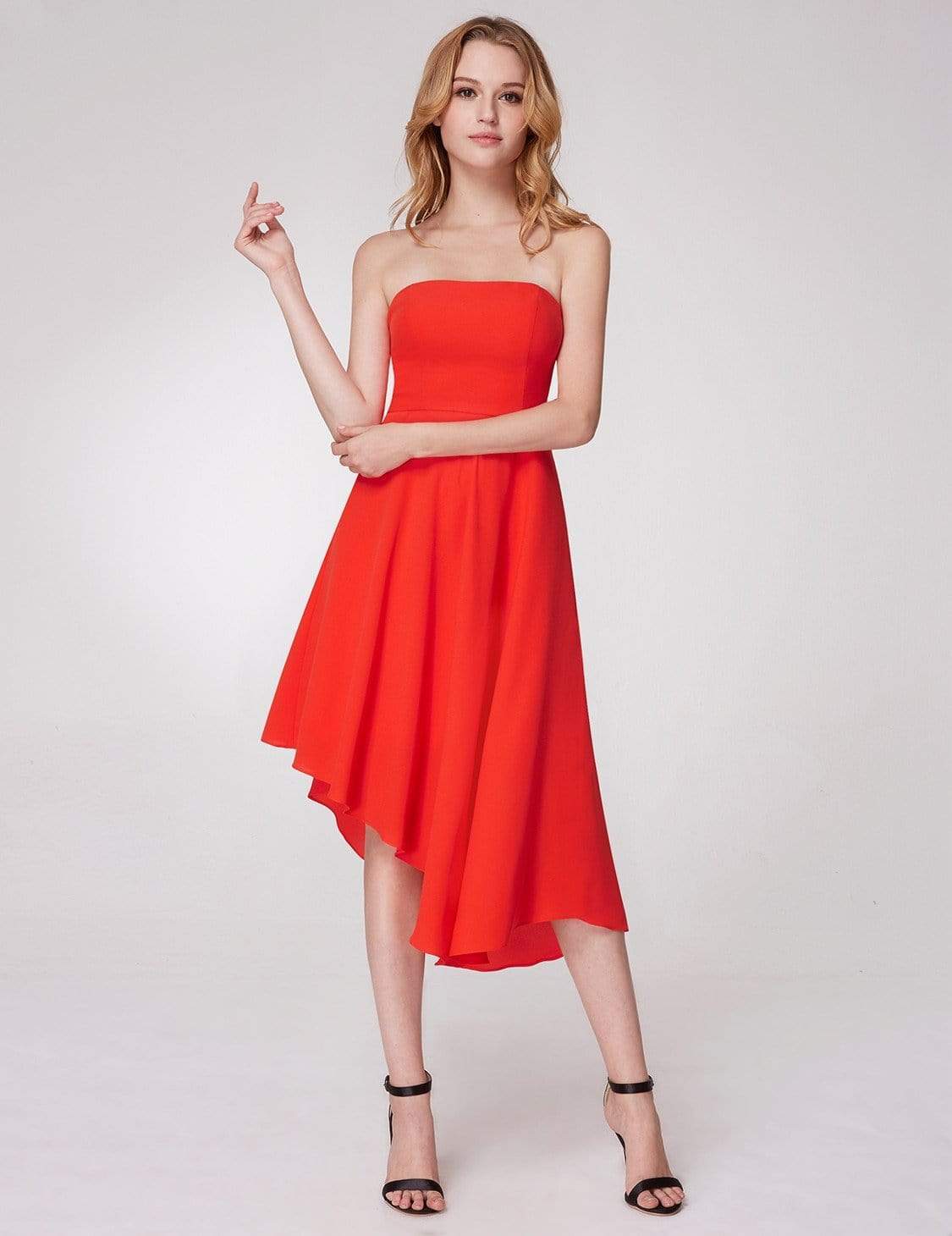 Color=Orange | Strapless A Line Party Dress-Orange 2