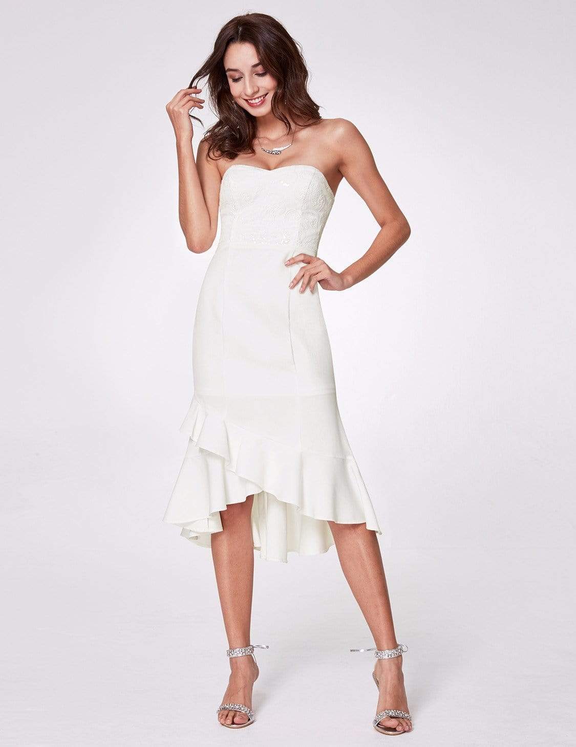 Color=White | Strapless High Low Cocktail Dress-White 5