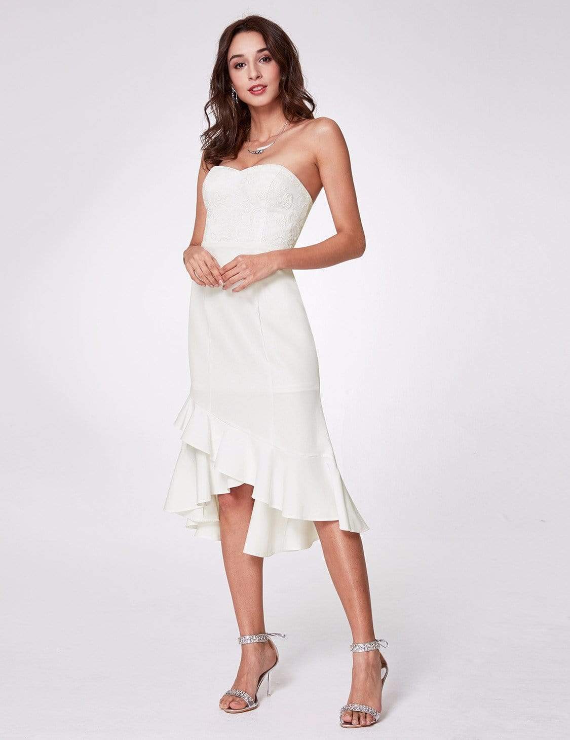 Color=White | Strapless High Low Cocktail Dress-White 2
