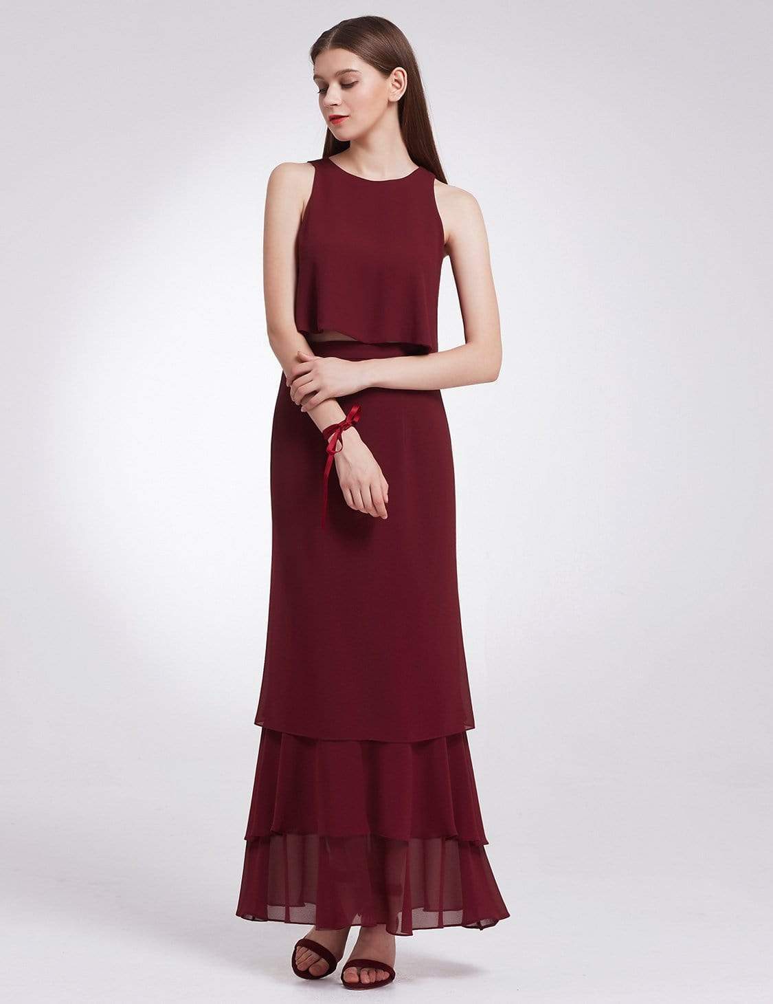 Color=Burgundy | Two Piece Maxi Skirt And Top Bridesmaid Set-Burgundy 2