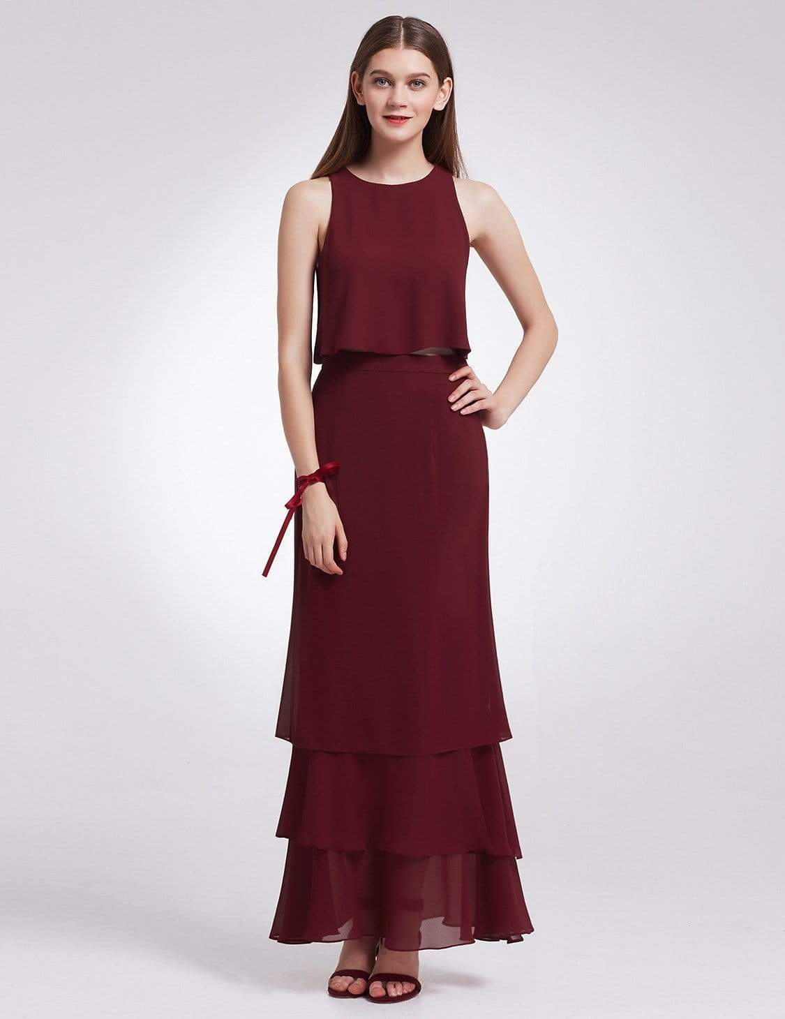 Color=Burgundy | Two Piece Maxi Skirt And Top Bridesmaid Set-Burgundy 1