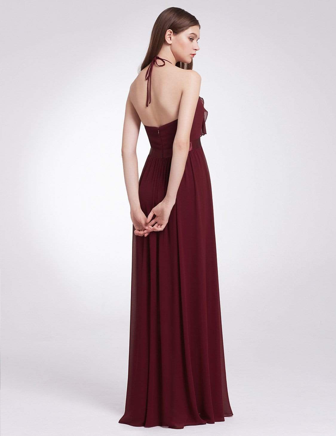 Color=Burgundy | Sleeveless Long Halter Neck Bridesmaid Dress-Burgundy 2
