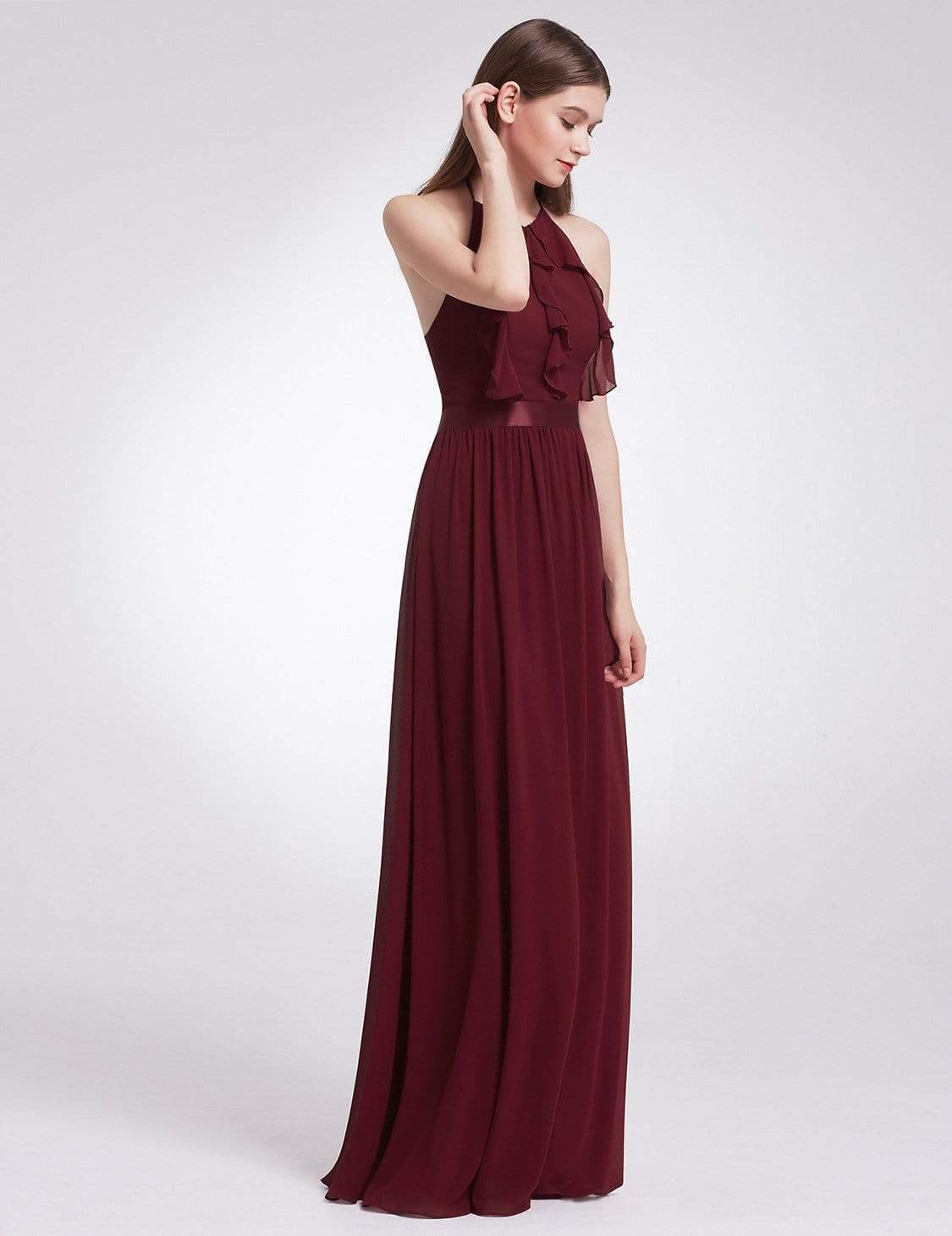 Color=Burgundy | Sleeveless Long Halter Neck Bridesmaid Dress-Burgundy 4