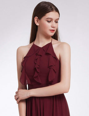 Color=Burgundy | Sleeveless Long Halter Neck Bridesmaid Dress-Burgundy 5
