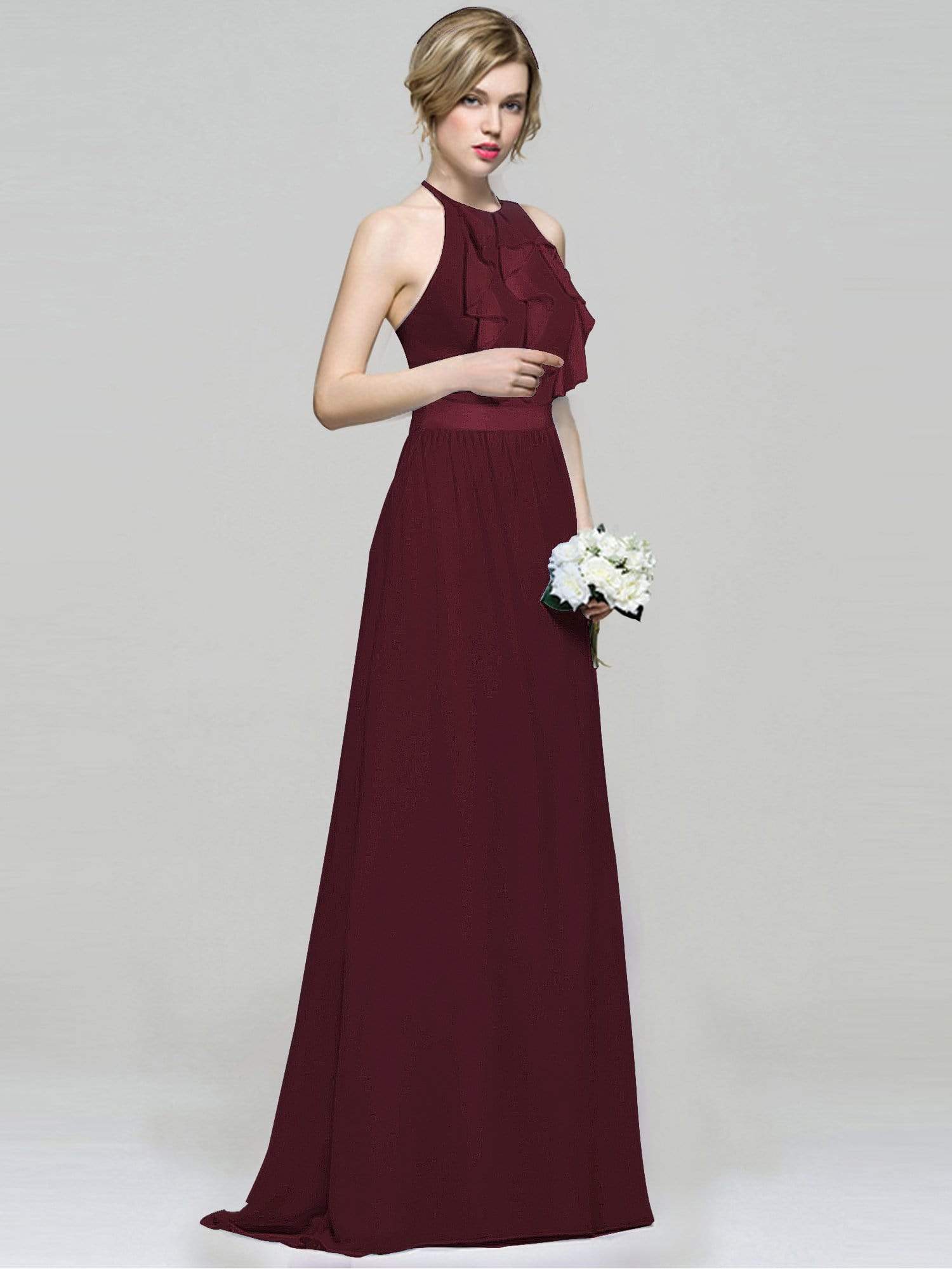 Color=Burgundy | Sleeveless Long Halter Neck Bridesmaid Dress-Burgundy 6