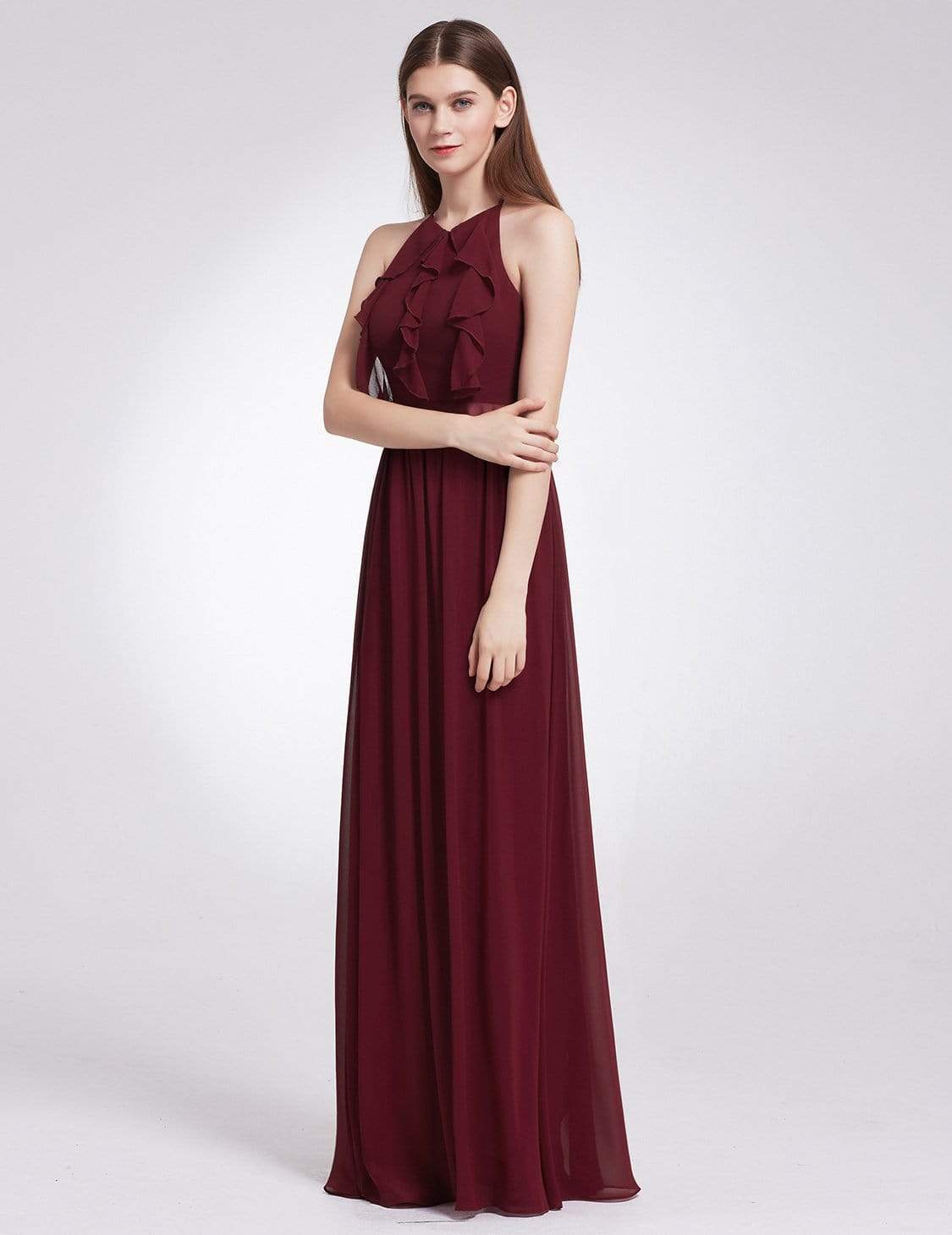 Color=Burgundy | Sleeveless Long Halter Neck Bridesmaid Dress-Burgundy 1