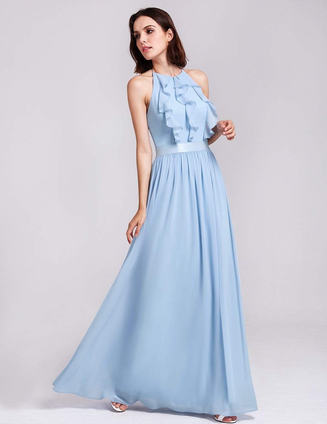 Color=Sky Blue | Sleeveless Long Halter Neck Bridesmaid Dress-Sky Blue 3
