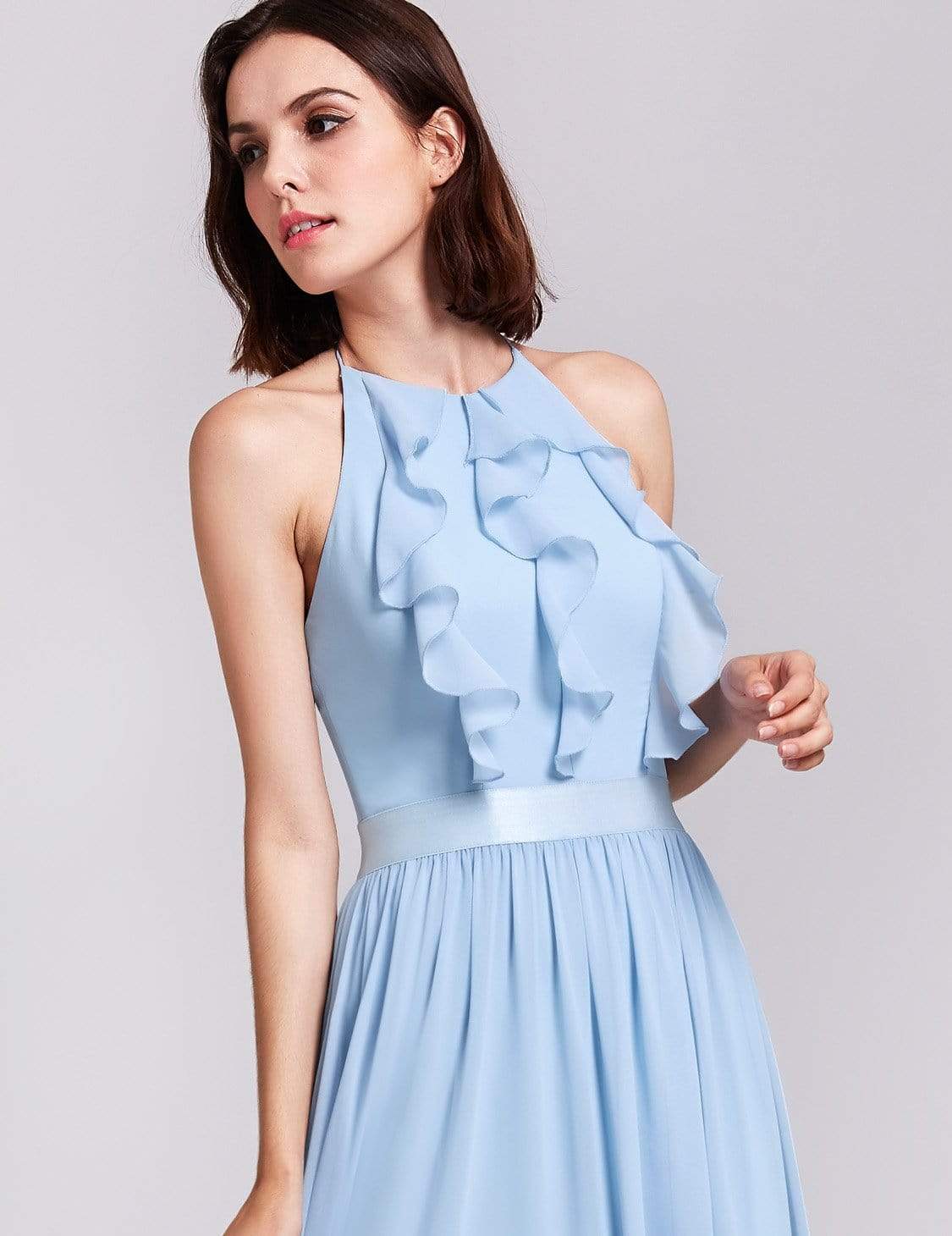 Color=Sky Blue | Sleeveless Long Halter Neck Bridesmaid Dress-Sky Blue 5