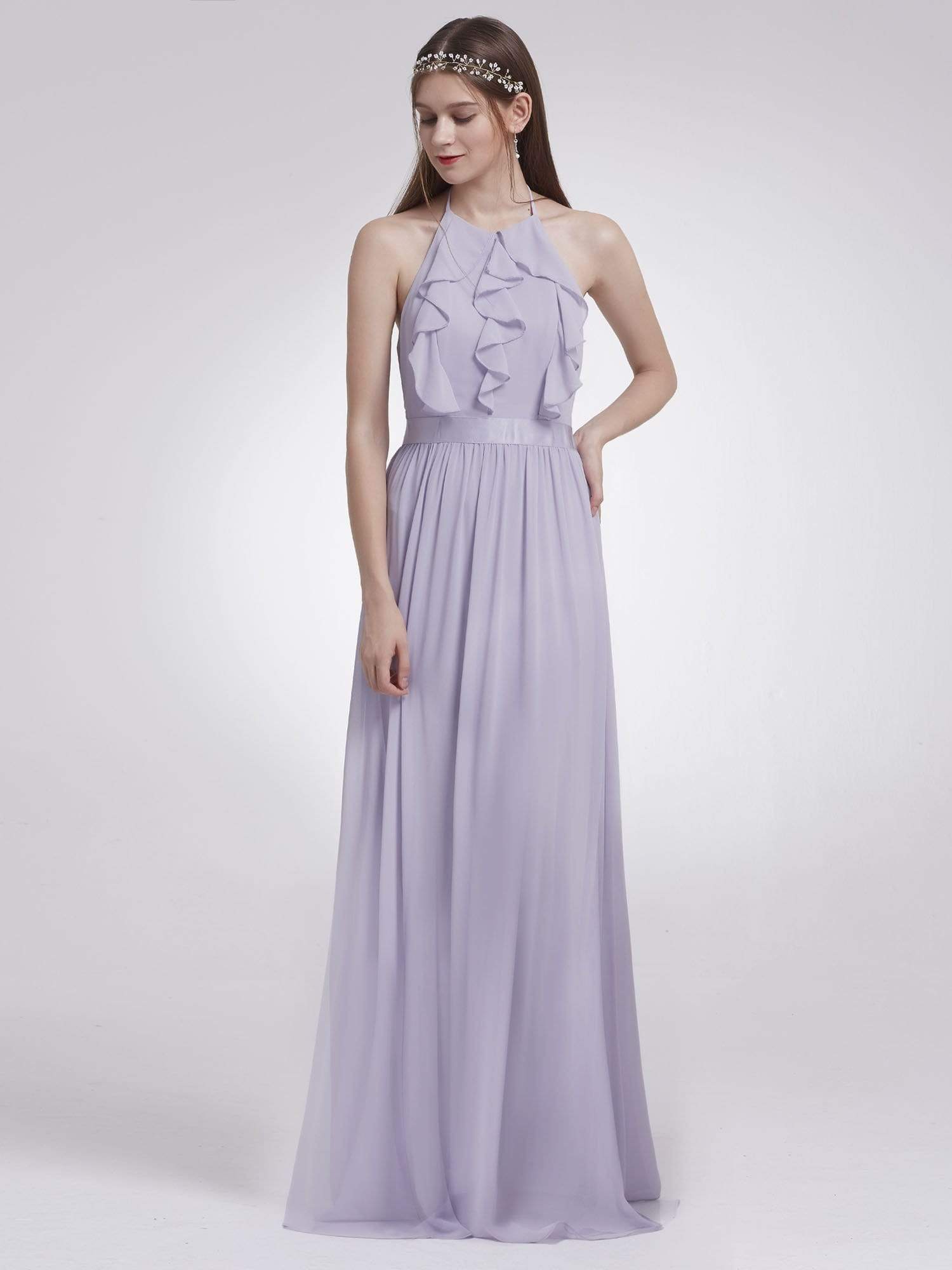 Color=Dark Lavender | Sleeveless Long Halter Neck Bridesmaid Dress-Dark Lavender 4