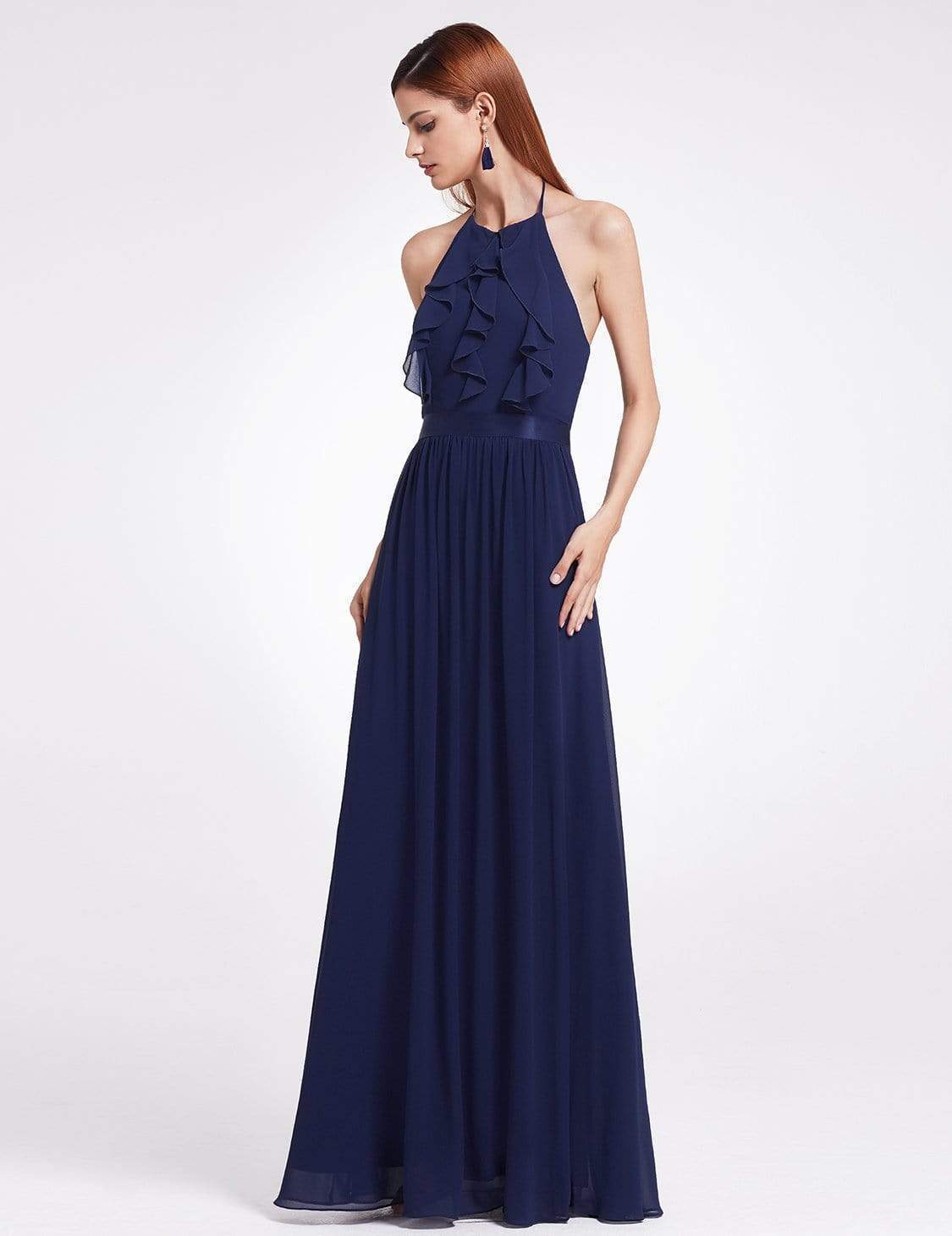 Color=Navy Blue | Sleeveless Long Halter Neck Bridesmaid Dress-Navy Blue 2