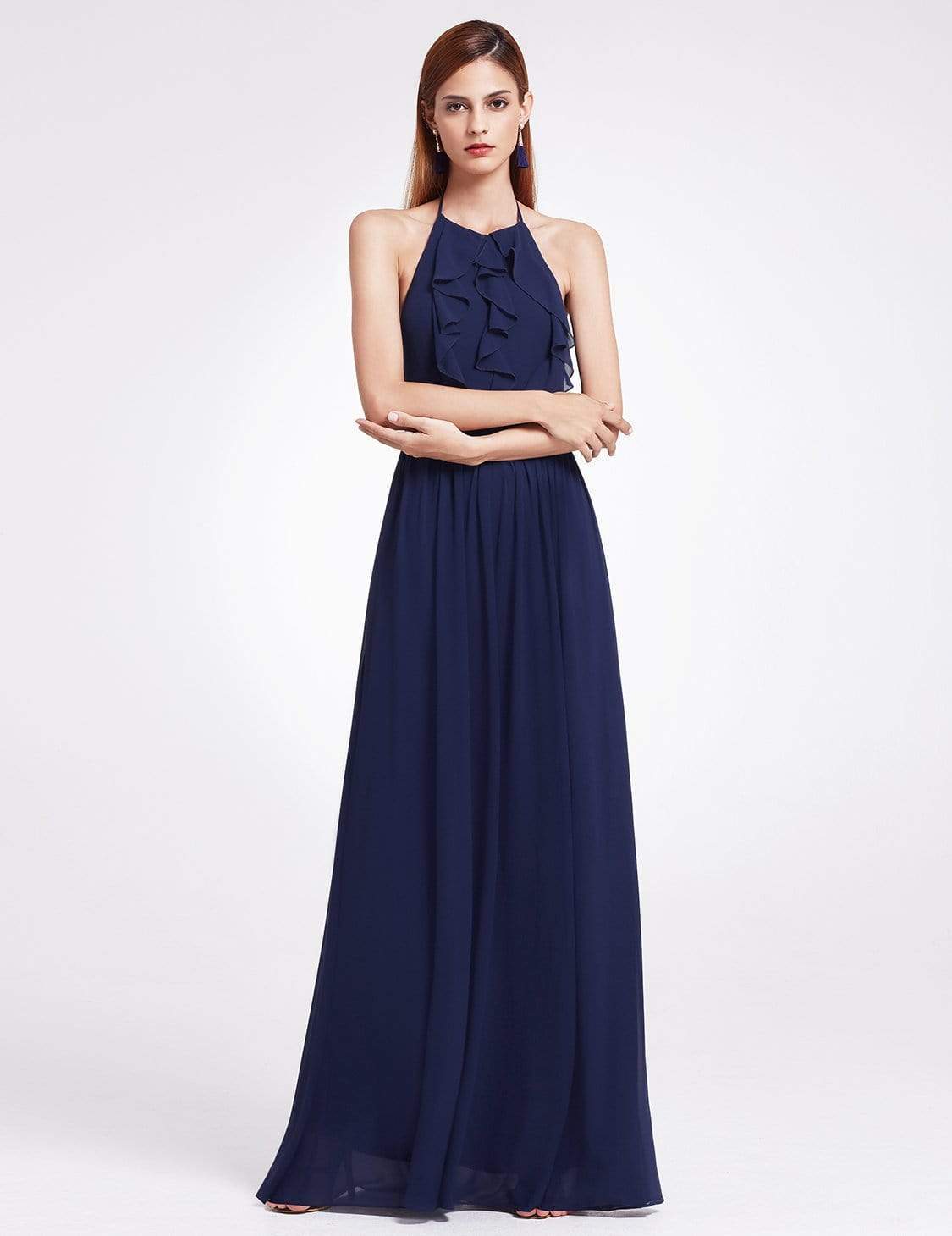 Color=Navy Blue | Sleeveless Long Halter Neck Bridesmaid Dress-Navy Blue 3