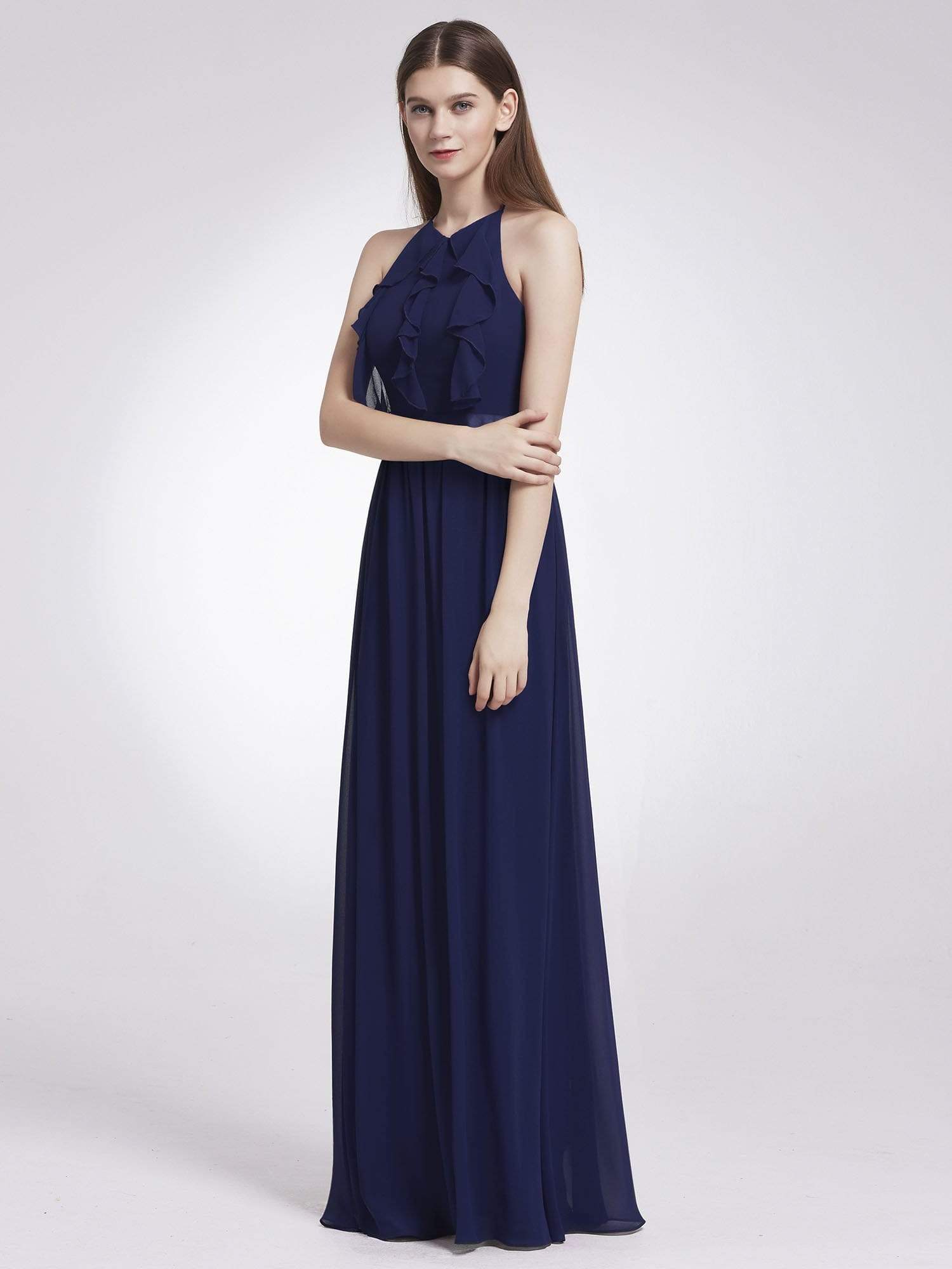Color=Navy Blue | Sleeveless Long Halter Neck Bridesmaid Dress-Navy Blue 4