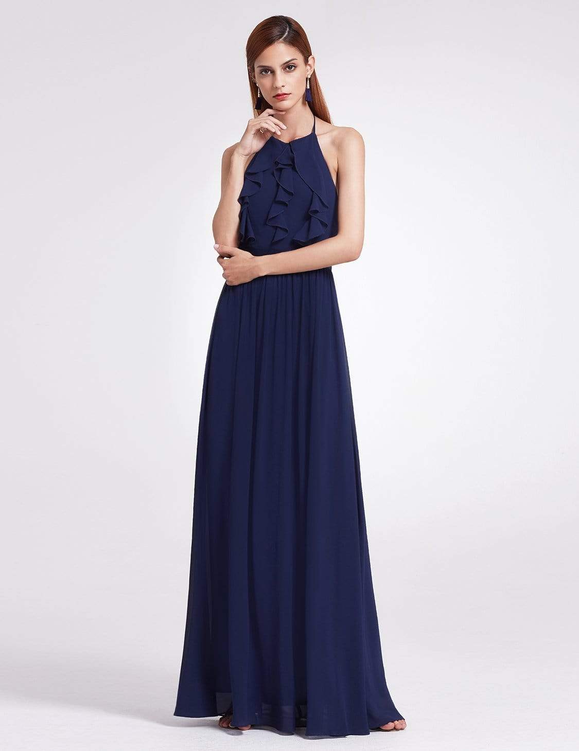 Color=Navy Blue | Sleeveless Long Halter Neck Bridesmaid Dress-Navy Blue 1