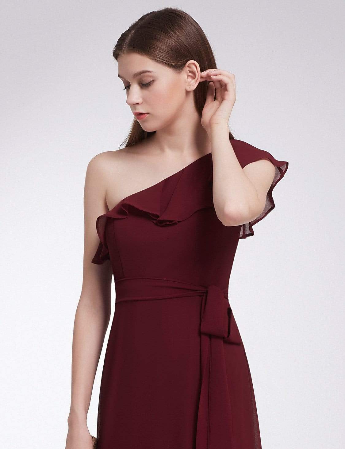 Color=Burgundy | One Shoulder Ruffles Long Bridesmaid Dress-Burgundy 6