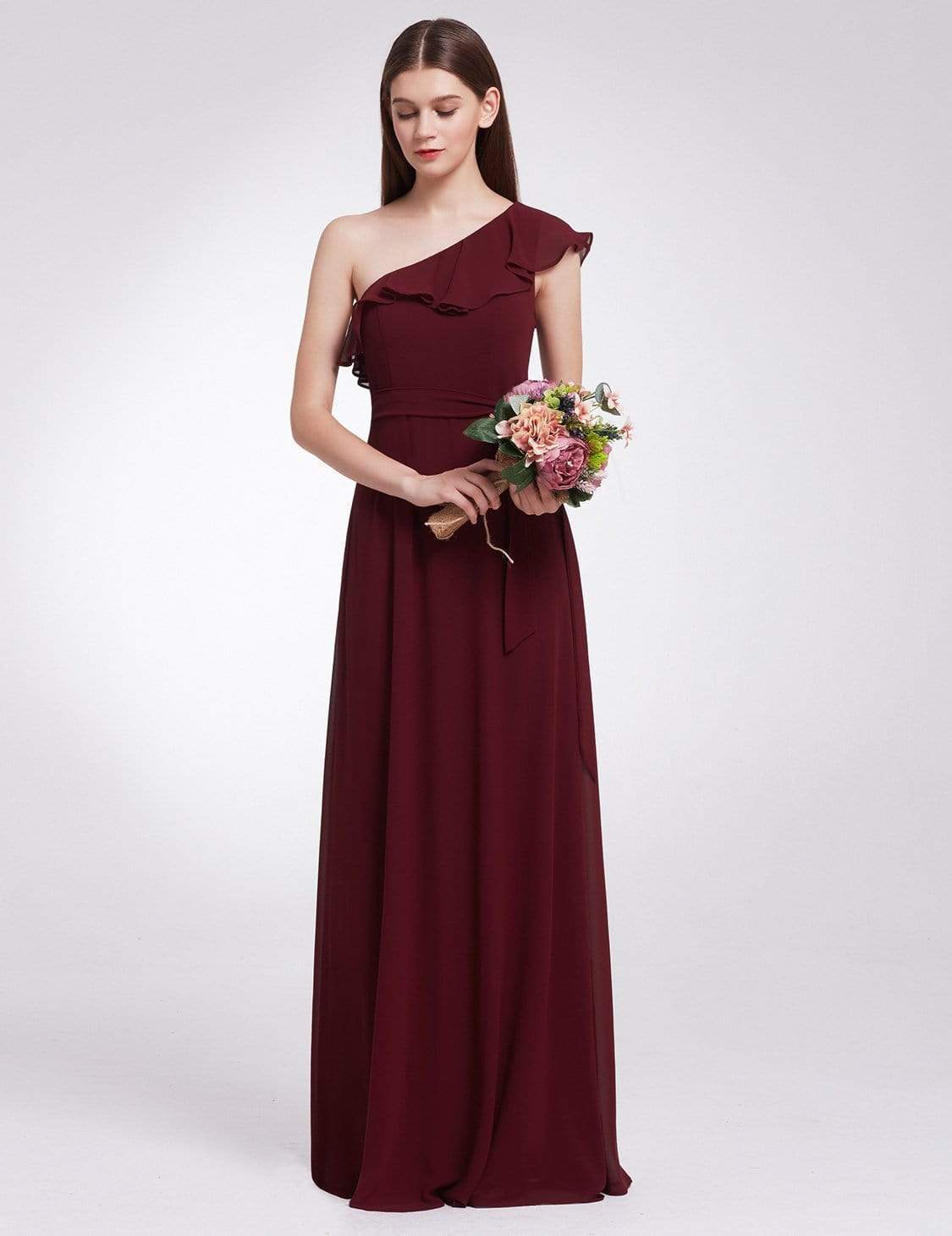 Color=Burgundy | One Shoulder Ruffles Long Bridesmaid Dress-Burgundy 1