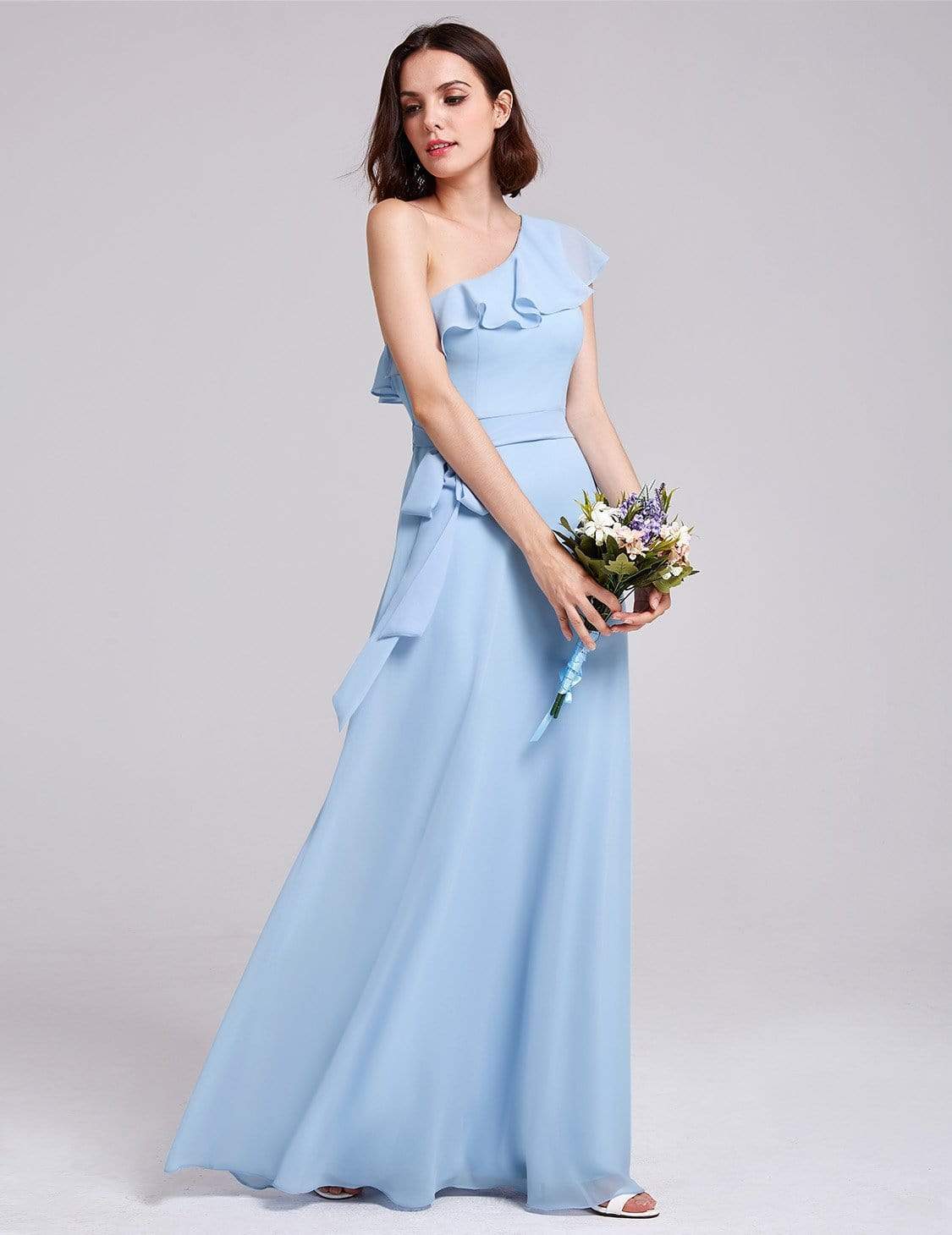 Color=Sky Blue | One Shoulder Ruffles Long Bridesmaid Dress-Sky Blue 2