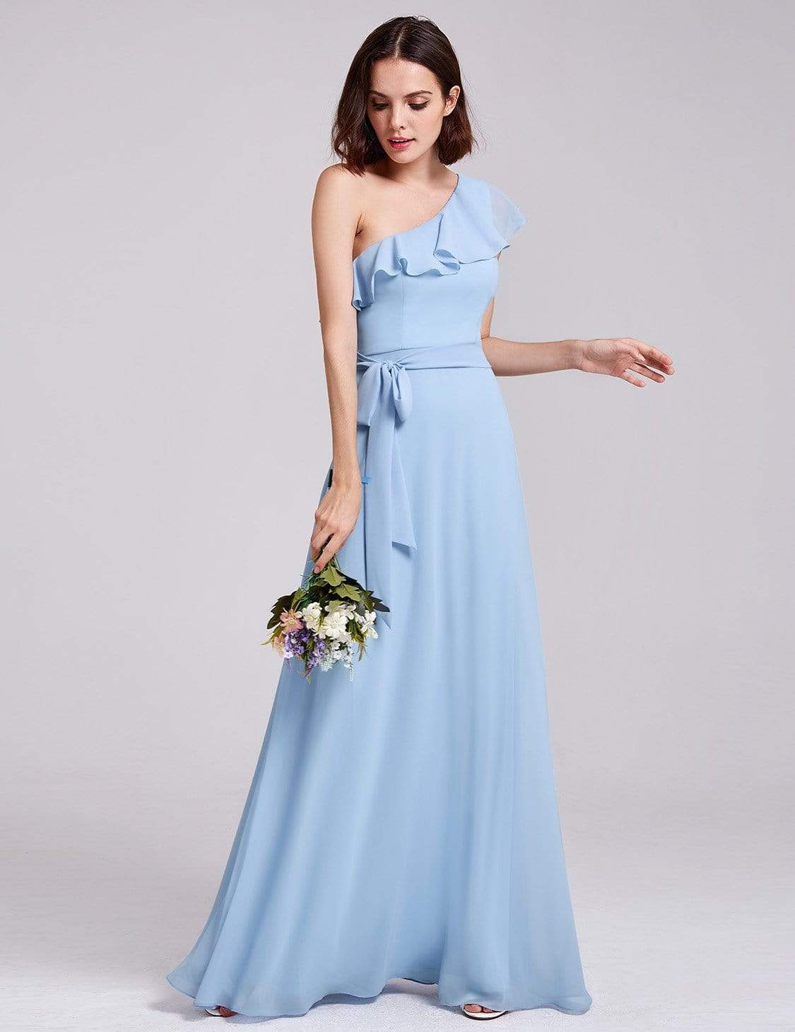 Color=Sky Blue | One Shoulder Ruffles Long Bridesmaid Dress-Sky Blue 3